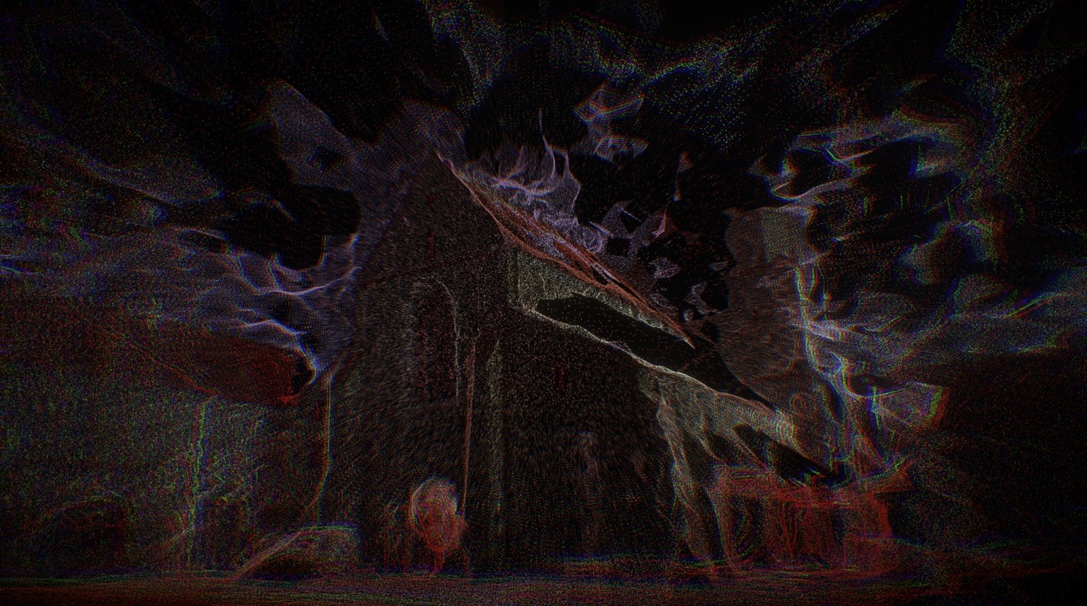 eXperimentalmuseum — leuchtendes Point-Cloud- und Mesh-Hyperobjekt vor dunklem Grund