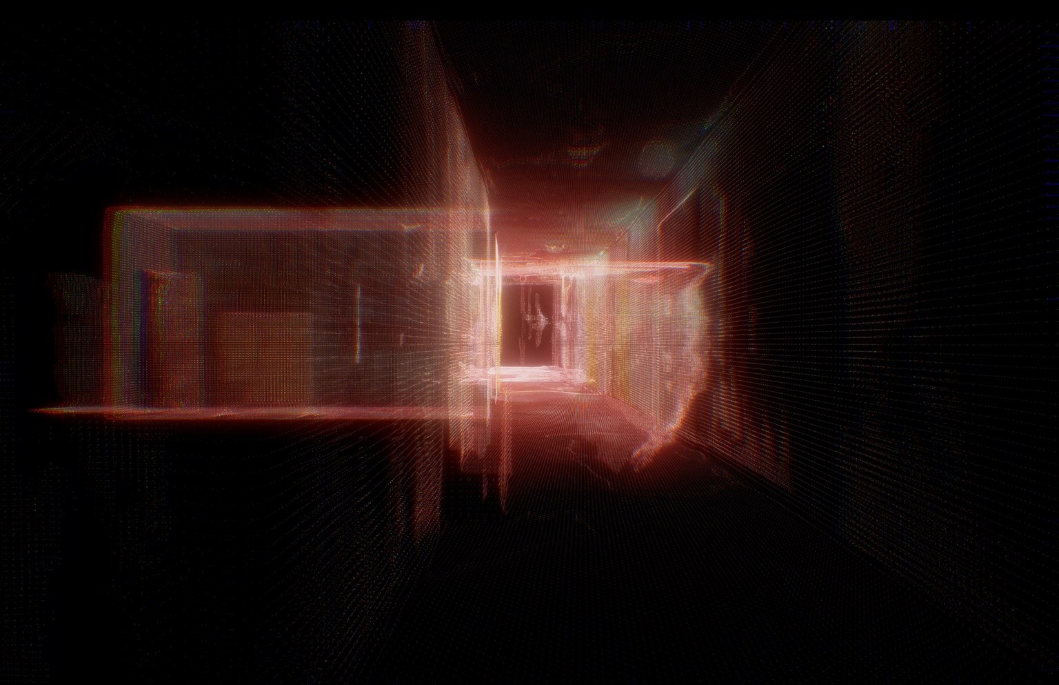 Rot leuchtender Point-Cloud-Scan eines Innenraums