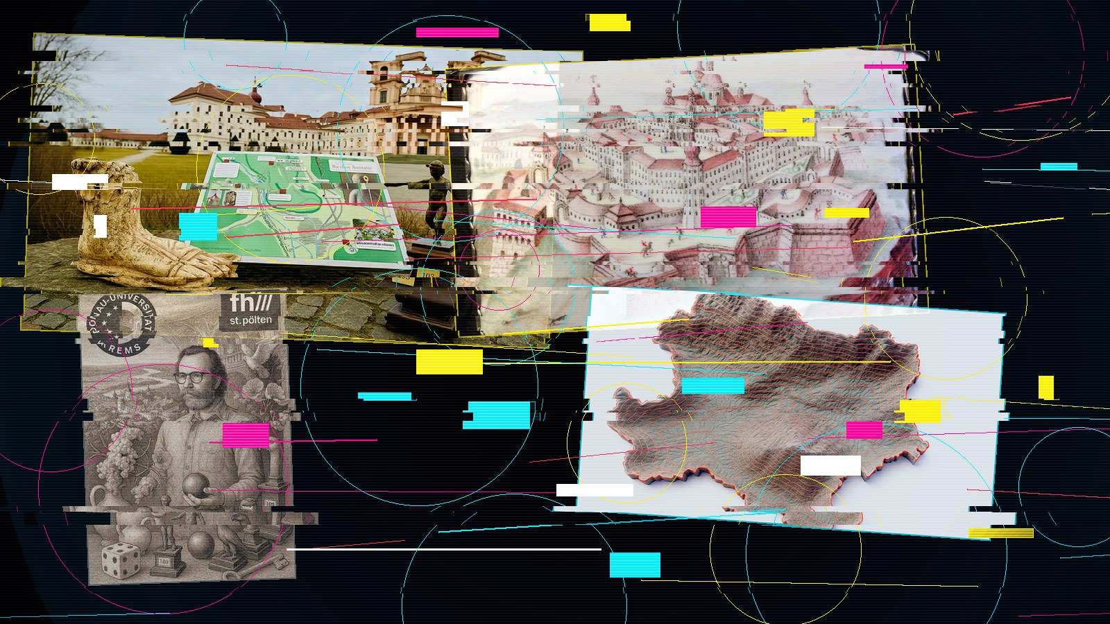 Recherche-Collage zu Stift Göttweig, Kartografie, Sammlung und Hybrid-Konferenz