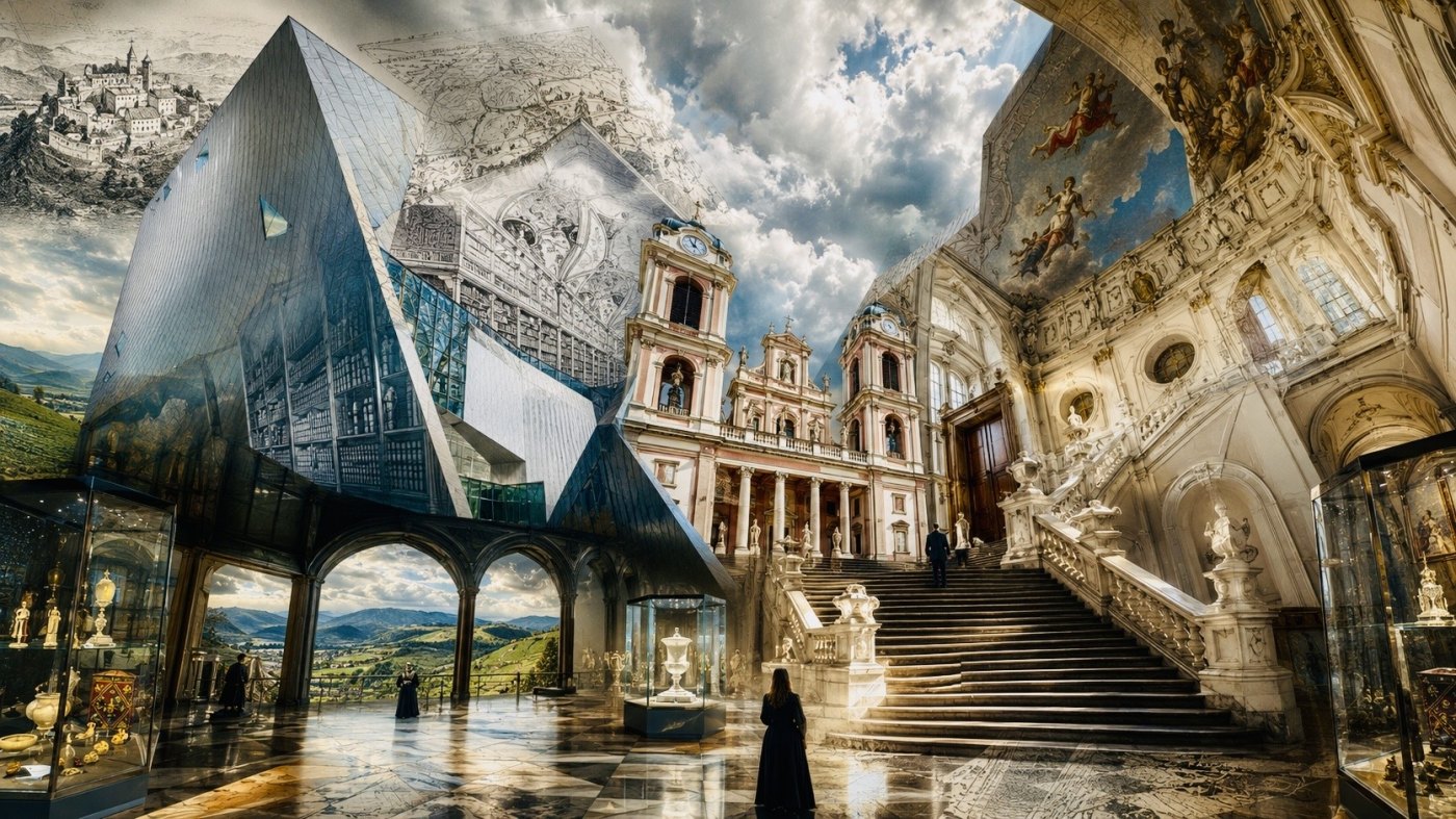 AI collage GöttwAIg: imperial staircase, mirror pyramid and abbey church