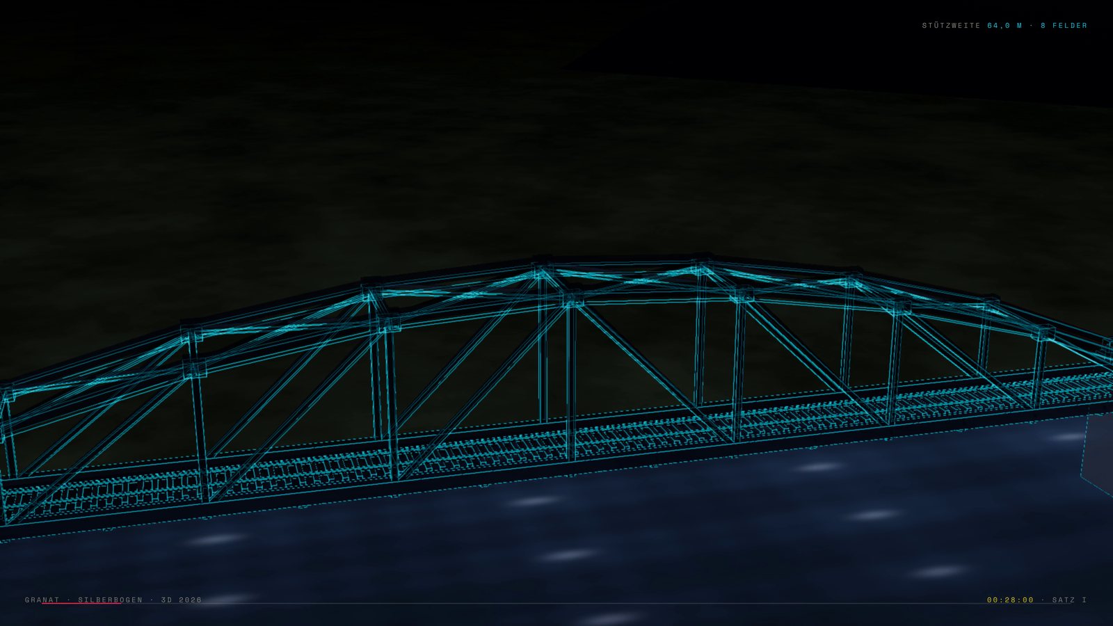 Satz I: die Brücke als cyanfarbenes Drahtmodell über dem Kamptal