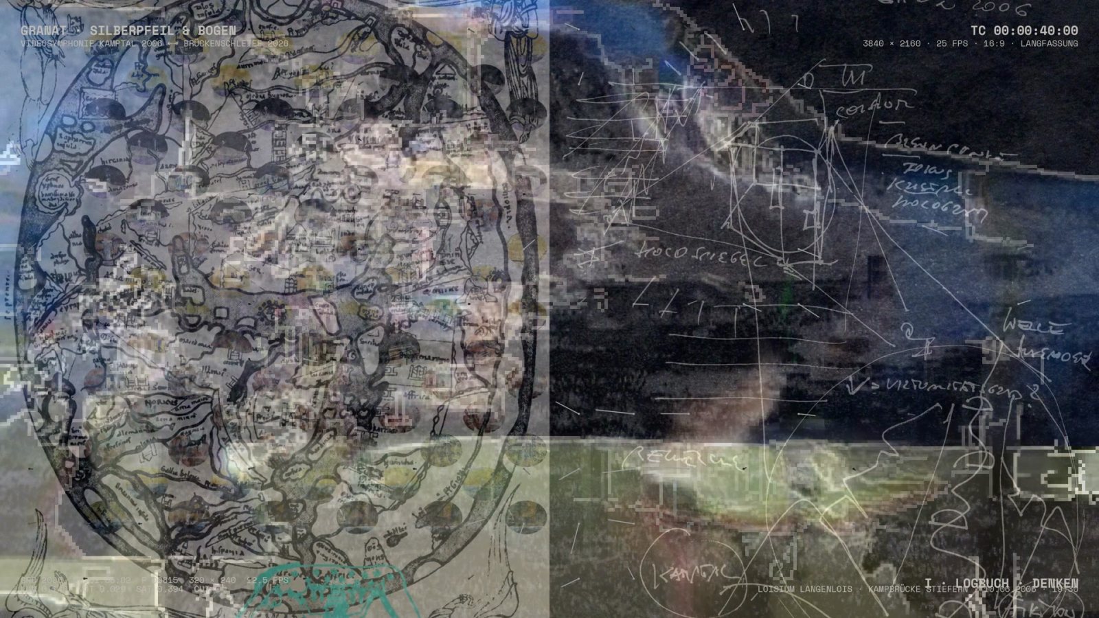 Satz I: Logbuchseite als Negativ mit Skizzenlinien und Slit-Scan-Video