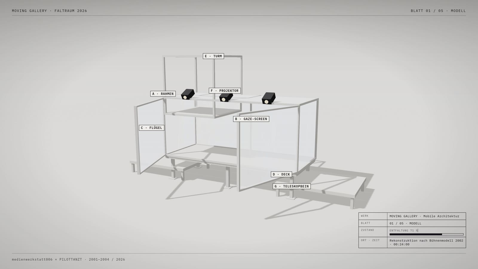 Blatt 01 Modell: das Modul im hellen Modellraum, entfaltet, mit Bauteil-Legende