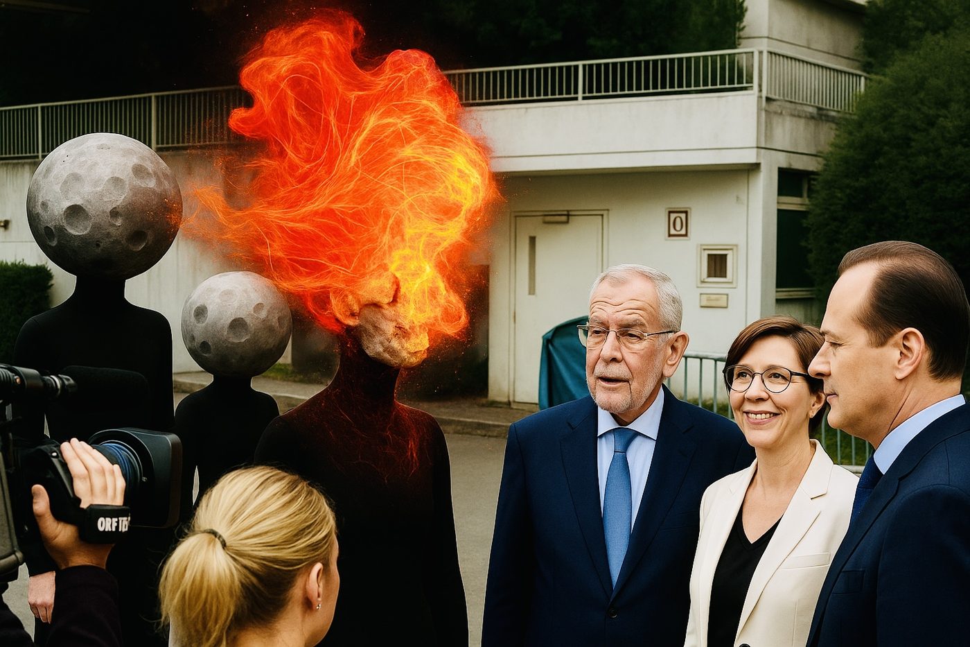 AI-Collage mit Mondkörpern und Feuerfigur