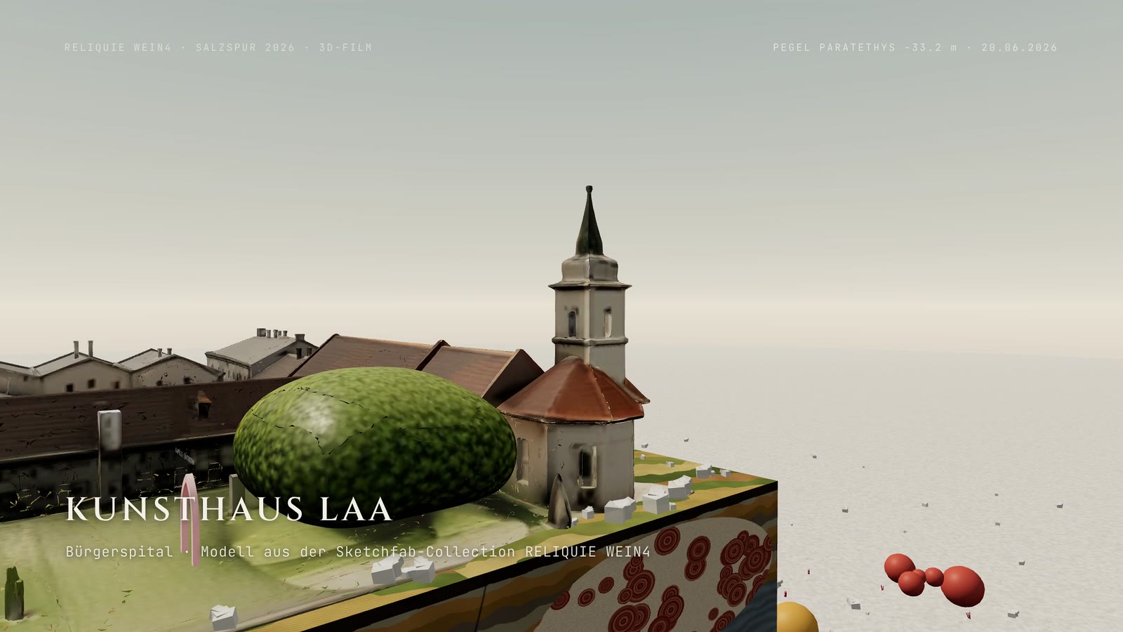 3D-Szene: die Bürgerspital-Kapelle auf dem geologischen Block, umspült vom Paratethys-Meer